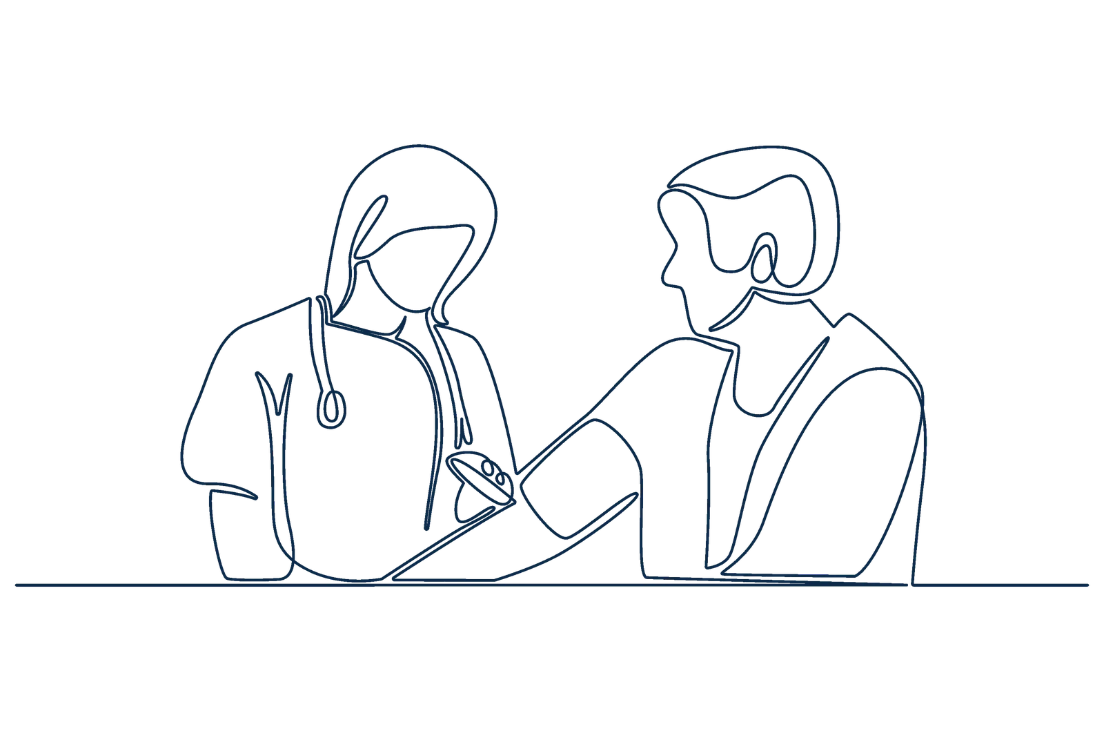 Line drawing of an Archer clinician taking a patient's blood pressure during an onsite primary care visit.